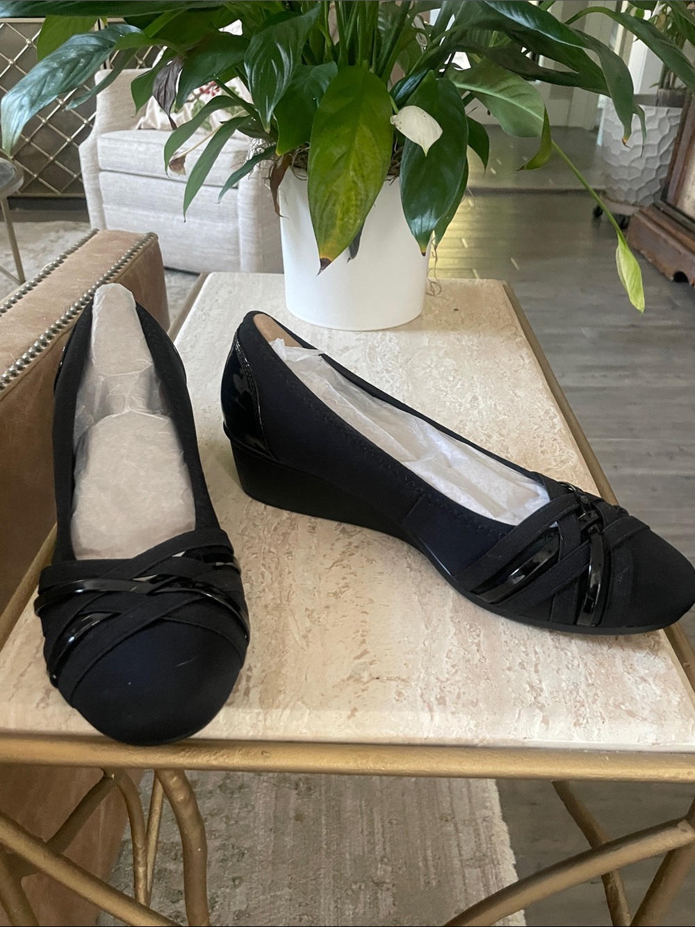 White Mountain Black Wedge Ballet Flats with Patent Strap Detail